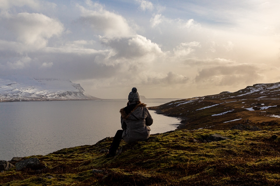 femme face au paysage en islande du sud en hiver