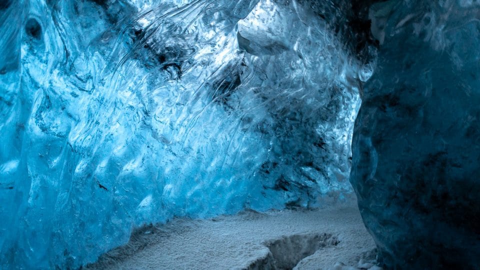 blue ice caves in iceland in winter