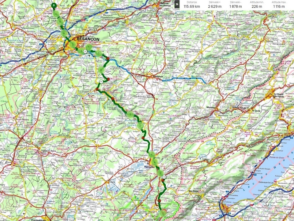 itinéraire de la via francigena dans la Doubs